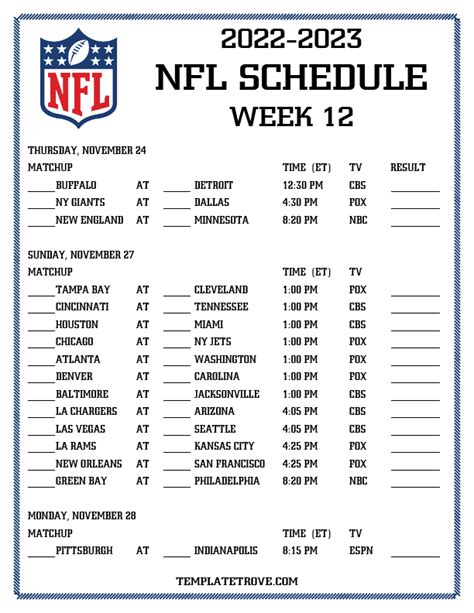 Nfl Week 12 Printable Schedule Customize And Print