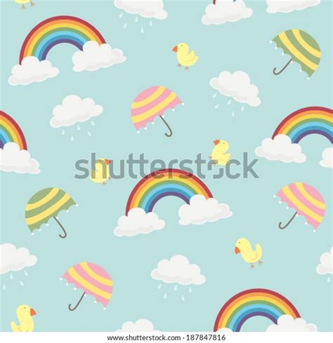 Stock Vektor „cute Rainbow Clouds Umbrella Birds Seamless Bez