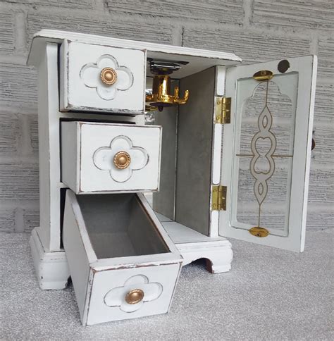 Small Shabby Chic White Jewelry Box Vintage Wooden Jewelry Armoire