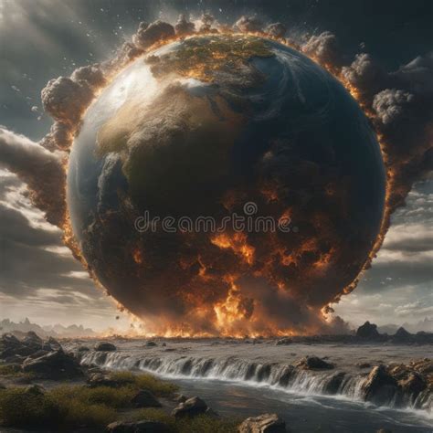 The Earth Exploding Up In Fire Over Water And Rocks Stock Illustration