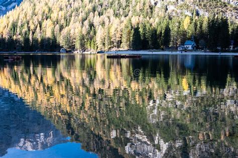 Fall Scenery Of Lake Braies Lago Di Braies At Alps
