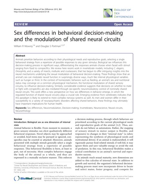 Pdf Sex Differences In Behavioral Decision Making And The Modulation