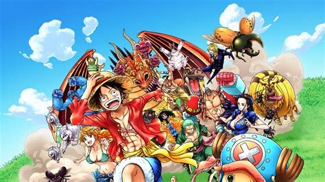 Luffy, naruto uzumaki, one piece, rasengan, super saiyan 2 4k wallpaper. One Piece Luffy Tony Nico Robin Nami Are Running On The Greeny Mountain With Background of Blue ...