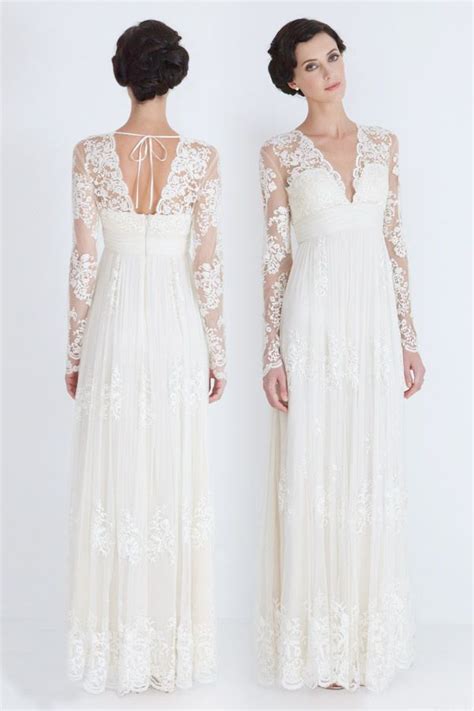 Lace Wedding Dress Deep V Neckline Long Sleeve A Line White Ivory