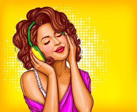 Descarga Gratis Mujer Escuchando Música En Auriculares Pop Art Vector
