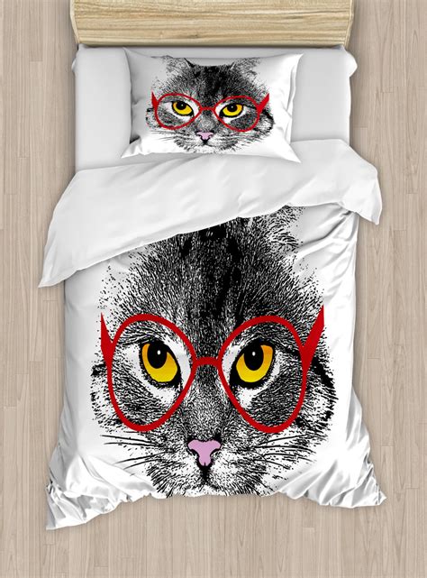 cat twin size duvet cover set wise nerd cat with glasses judging the world humor digital style