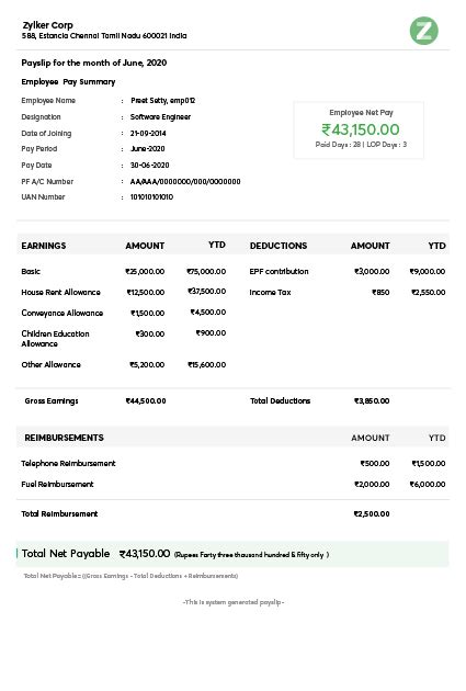 Payslip Templates Download Salary Templates Online Zoho Payroll