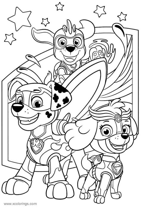 Find more coloring pages online for kids and adults of chase from paw patrol mighty pups coloring pages to print. Paw Patrol Mighty Pups Zuma Skye and Marshall Coloring ...