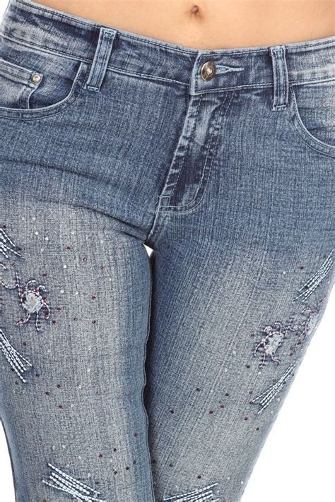 Embroidered Rhinestone Embellished Two Tone Wash Denim Bootcut Jeans