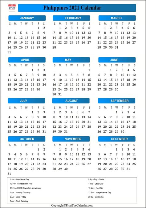 Philippines Calendar 2021 With Philippines Public Holidays