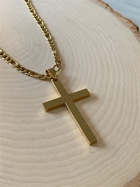 Large Gold Cross Necklace For Men With Figaro Chain Gold 316l