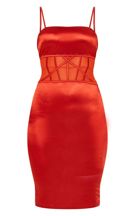Red Satin Mesh Panel Midi Dress Dresses Prettylittlething Usa