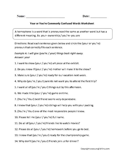 Commonly Confused Words Worksheets Your And Youre Commonly Confused