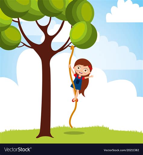 Beautiful Girl Climbing Up With Rope The Tree Vector Image