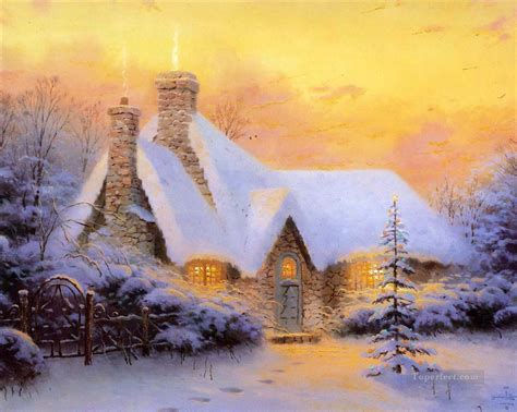 Christmas Tree Cottage Thomas Kinkade Snowing Painting In Oil For Sale