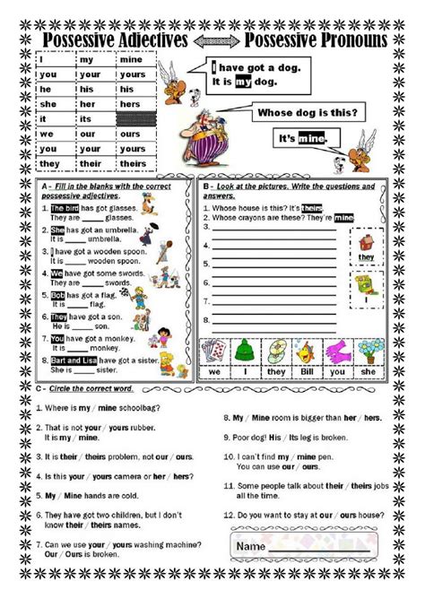 Possessive Adjectives And Pronouns Exercises Pdf Elementary Online