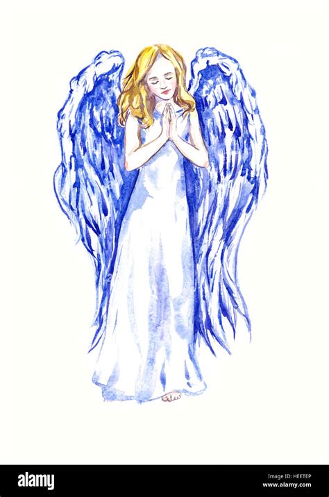 Innocent Beautiful Angel Praying Hand Painted Watercolor Illustration