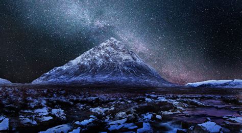 Snow Covered Mountain On Starry Night Hd Wallpaper Background Image