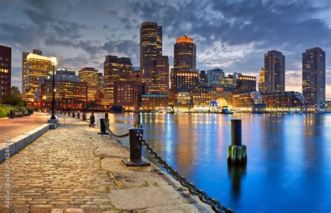 Boston Skyline At Night Stock Photo Adobe Stock