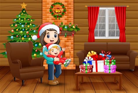 Familia Feliz Celebrando La Navidad En Casa Vector Premium
