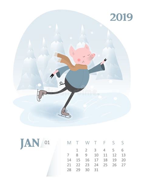 Calendar 2019 Cute January Month Cartoon Calendar With Pig Char Stock
