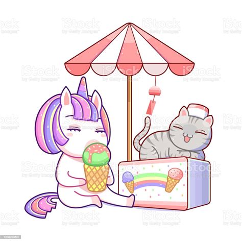 Kawaii Cute Unicorn Eating Sweet Ice Cream With Cat Comic Style Pastel