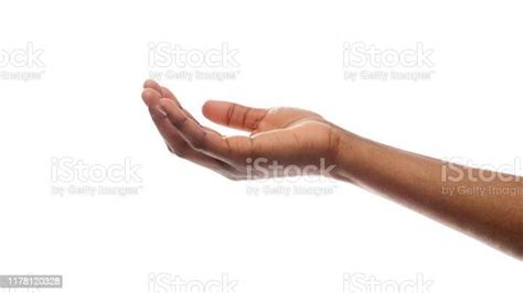 Female Hand Keeping Empty Cupped Palm Isolated On White Background