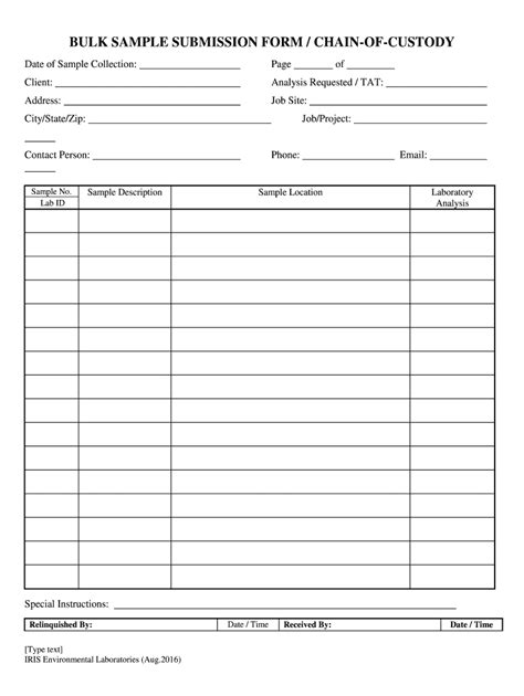 Bulk Sample Submission Form Chain Of Custody Fill Out