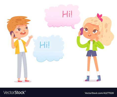 Kids Girl And Boy Talk Mobile Phone Little Vector Image