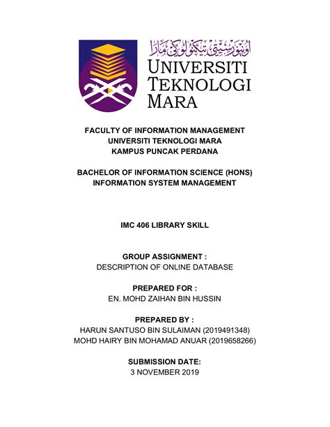 Cover Page Uitm Assignment 101 Nur Syahidah Bt Mohd Daud Lecturer En