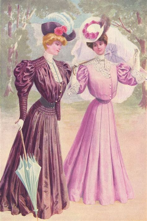 Two Women In Long Dresses And Hats With Umbrellas Standing Next To