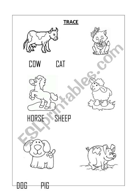 English Worksheets Farm Animals Trace Activity