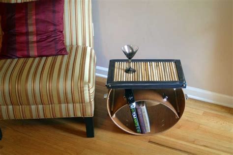 Drum coffee table drum table a table music furniture furniture making home furniture furniture projects repurposed items repurposed the drum side table in this listing features a refinished pine student sized bass drum. Bass Drum End Table | BespokeBug