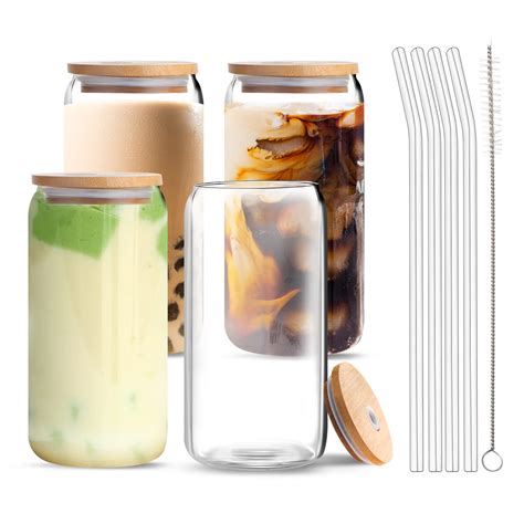 Buy Vozoka Drinking Glasses With Bamboo Lids And Glass Straws 4 Set 16oz Iced Coffee Cup Glass
