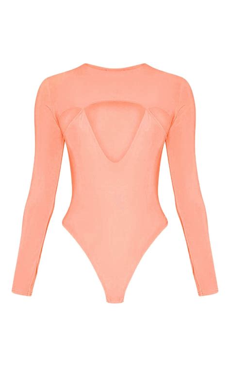 Peach Slinky Cut Out Long Sleeve Thong Bodysuit Prettylittlething