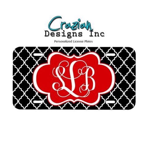 Custom Monogram License Plate Black Red Lattice Front License Plate