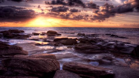 Wallpaper Sunlight Landscape Sunset Sea Bay Rock