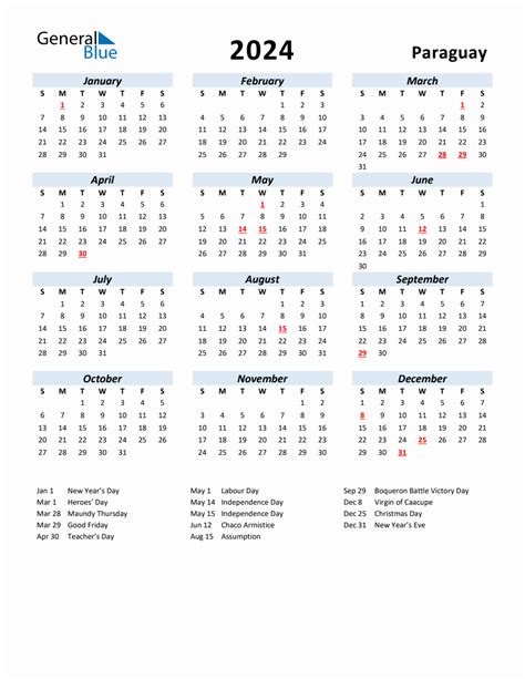 2024 Yearly Calendar For Paraguay With Holidays