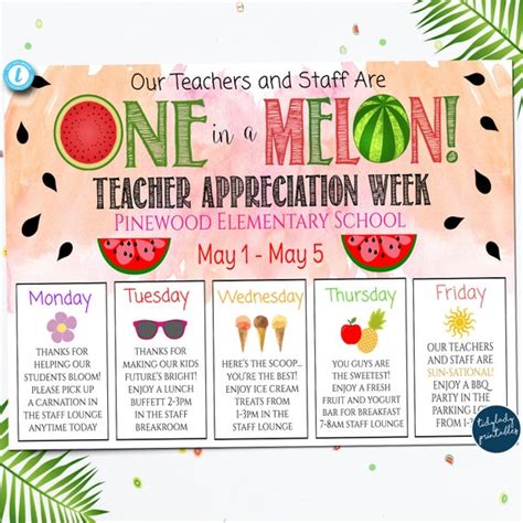Editable Teacher Appreciation Week Itinerary Poster Summer One In A