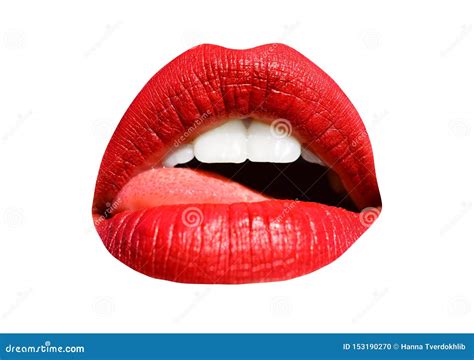Mouth With Tongue Red Lips And White Teeth Isolated On White