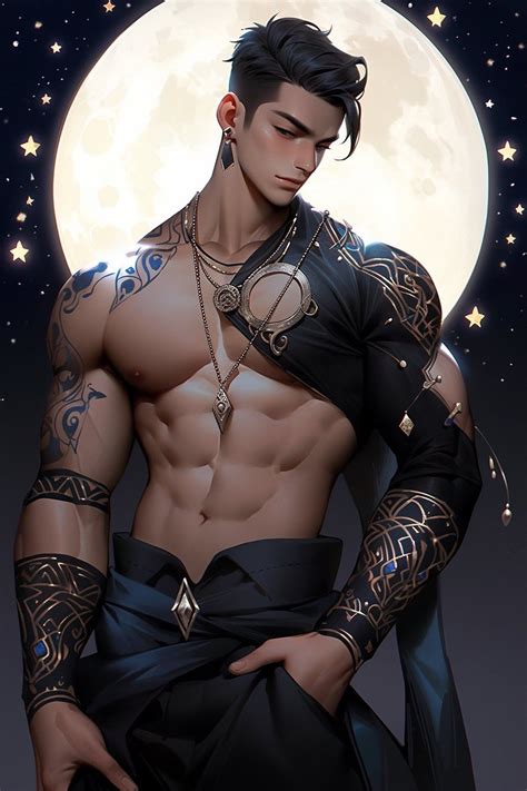 A Man With Tattoos Standing In Front Of A Full Moon And Holding His Hands On His Hips
