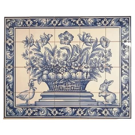 Azulejos Portuguese Hand Painted Tiles Fruit And Flower Basket Signed