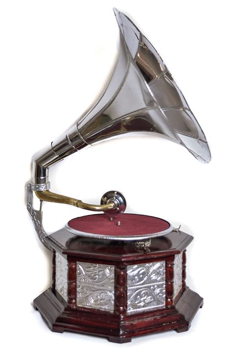 Gramofon z tubą srebrny ośmioboczny na korbę - kolor mahoń DoGramofonu.PL