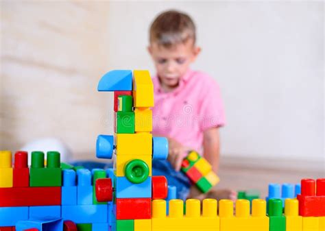 Happy Young Boy Playing With His Building Blocks Stock Image Image Of