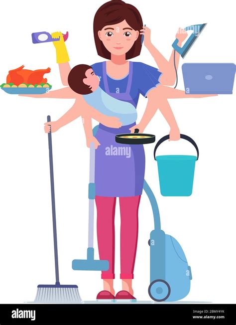 busy mom vector illustration cartoon character super multitask woman mother doing housework