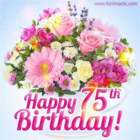 Happy 75th Birthday Greeting Card Beautiful Flowers And Flashing