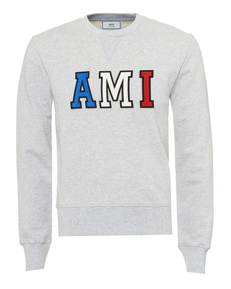 Ami Mens Tricolour Ami Logo Sweatshirt Regular Fit Grey Marl Jumper