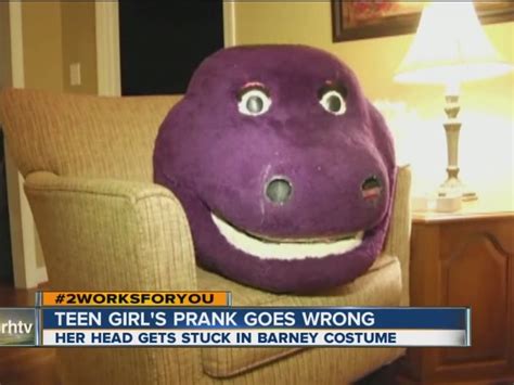 Watch Teen Gets Barney Head From Costume Stuck On Head During Failed Prank