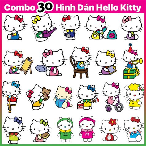 Combo 30 Hình Dán Mèo Hello Kitty Sticker Mèo Trang Trí Mũ Bảo Hiểm
