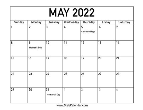 Printable may 2022 calendar